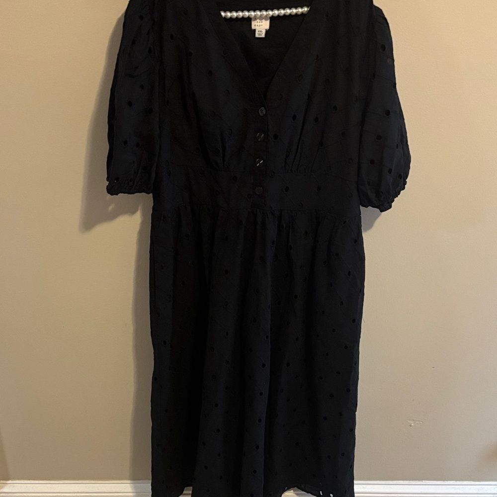 A New Day Black Eyelet Puff Sleeve Dress V-Neck Button Front XXL